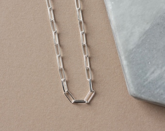 Sterling Silver Paper Clip Necklace, Adjustable Chain Choker, Rectangle Link Chain, Modern Layering Necklace Gift for Her, Drawn Cable Chain