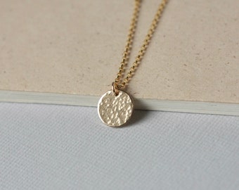 Hammered Gold Disc Necklace, Small Coin Necklace, Minimalist Layering Necklace, Simple Everyday Circle Necklace, Gift for Her, Thick Disc