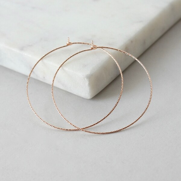Big Rose Gold Hoop Earrings, Thin Rose Gold Hoops, Round Sparkly Earrings, Holiday Jewelry, Gift for Women, Lightweight Rose Gold Hoops