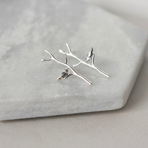 Long Sterling Silver Branch Stud Earrings with Birds