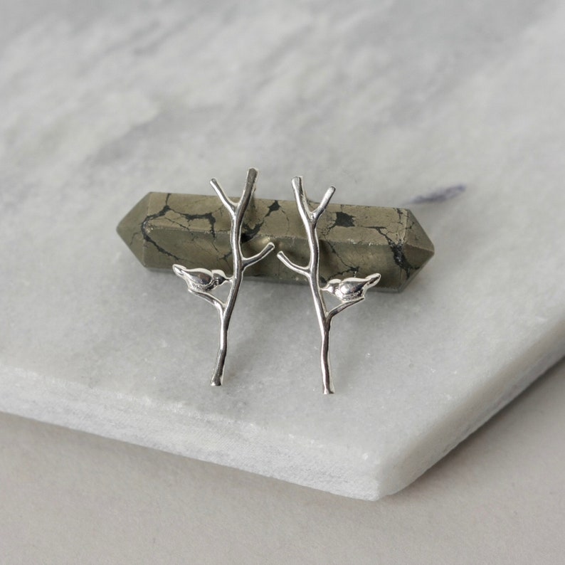 Sterling Silver Branch Earrings, Long Twig Studs With Birds, Dainty Woodland Earrings, Nature Inspired Botanical Studs, Gift for Her image 6