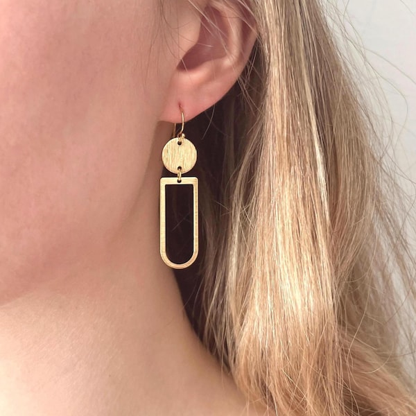 Brass Geometric Dangle Earrings, Modern Gold Statement Jewelry