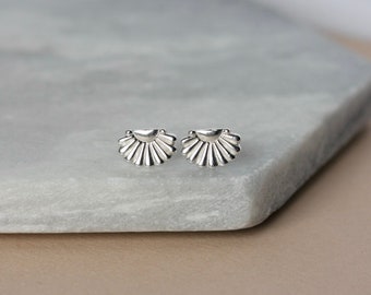 Sterling Silver Art Deco Earrings, Big Stud Earrings, Minimalist Everyday Earrings, Half Sunburst Studs, Unique Jewelry Gift for Her