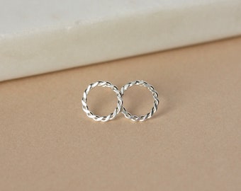 Small Sterling Silver Circle Studs, Minimalist Round Stud Earrings, Dainty Twisted Rope Earrings, Everyday Geometric Jewelry, Gift for Her