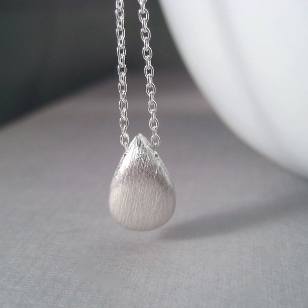 Sterling Teardrop Necklace, Silver Pendant Necklace, Brushed Silver, Minimal Jewelry