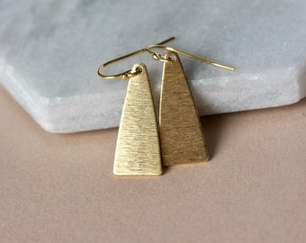 Gold Triangle Earrings, Shiny Geometric Jewelry, Minimalist Everyday Earrings, Modern Brass Jewelry, Gift for Her, Textured Raw Brass