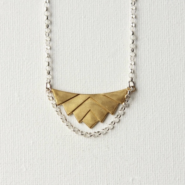 Brass Geometric Necklace, Brass Chevron Pendant Necklace, Geometric Statement Jewelry, Modern Brass Jewelry, Mixed Metal Jewellery