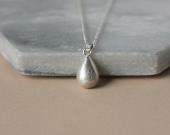 Sterling Silver Teardrop Necklace, Brushed Silver Charm, Simple Minimalist Jewelry, Everyday Layering Necklace, Gift for Girlfriend