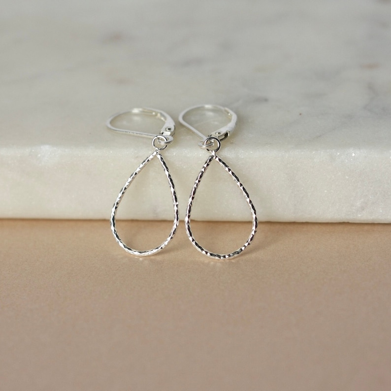 Sparkly Sterling Silver Teardrop Earrings, Minimalist Silver Jewelry, Lightweight Leverback Earrings, Mother's Day Gift, Gift For Her image 1