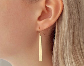 Shiny Gold Bar Earrings, Long Brass Earrings, Textured Brass Jewelry, Modern Minimalist Jewelry, Gold Holiday Jewelry, Gift for Women