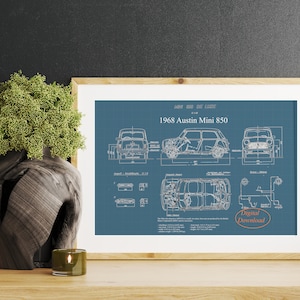 May include: A blueprint style illustration of a 1968 Austin Mini 850 car. The illustration shows the car from the front, side, and top views. The illustration is on a blue background with a grid pattern. The text "Digital Download" is in the bottom right corner.