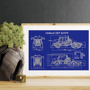 May include: A blueprint style illustration of an Oshkosh HET M1070 heavy equipment transporter. The illustration shows the vehicle from the side and front views. The blueprint is on a blue background with white lines. The text "Oshkosh HET M1070" is at the top of the blueprint. The blueprint also includes specifications for the vehicle.