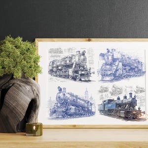 A set of four old-fashioned steam locomotive Blueprint style prints