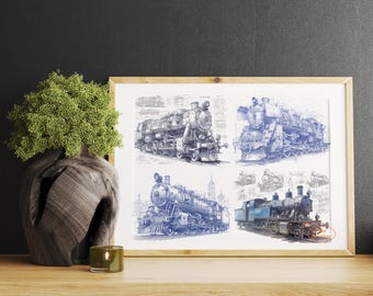 A set of four Conceptual old-fashioned steam locomotive Blueprint style prints