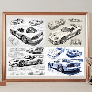 May include: A framed print of a black and white illustration of a Dodge Viper sports car in various angles and poses. The print is on a white background and is framed in a light brown wood frame.