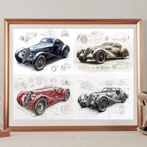 A set of four 1935 Alfa Romeo 8C 2900 Blueprint-style prints