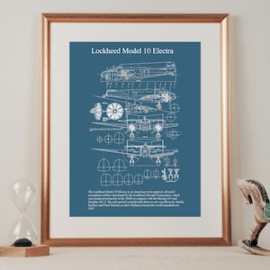 May include: A blue and white blueprint style illustration of a Lockheed Model 10 Electra airplane. The text "Lockheed Model 10 Electra" is at the top of the image. The text below the illustration reads: "The Lockheed Model 10 Electra is an American twin-engine, all-metal airliner developed in the 1930s by the Lockheed company, with its first flight by Amelia Earhart and Fred Noonan on their around the world expedition in 1937."