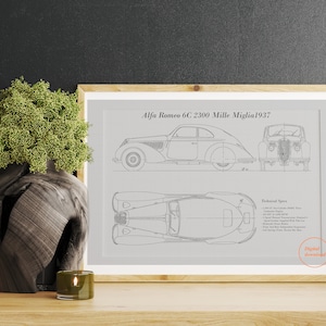Vintage Alfa Romeo 6C 2300B Mille Miglia 1937 Blue Print - Classic Car Wall Art