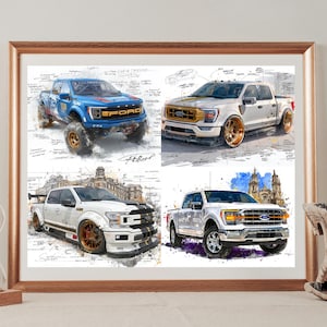 May include: A framed print featuring four illustrations of Ford pickup trucks. The top left shows a blue truck with large tires. The other three trucks are white with gold or black accents. The artwork has a watercolor style.