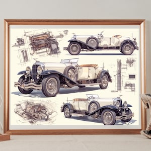 Set of 5 Vintage 1928 Duesenberg Model J Blueprint Style Wall Art Prints