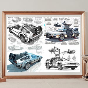 May include: Framed print featuring detailed illustrations of the DeLorean time machine. The artwork showcases the car from multiple angles, including open gull-wing doors and internal components. The color palette includes white, silver, and blue.