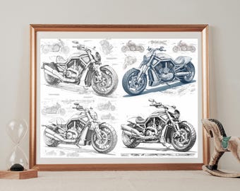 Conjunto de arte mural con planos de Harley-Davidson V-Rod de 2001 (4 láminas)