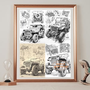A set of four 1945 VINTAGE JEEP Blueprint style prints