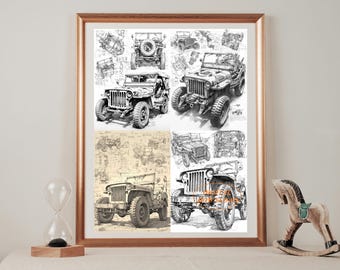 A set of four 1945 VINTAGE JEEP Blueprint style prints
