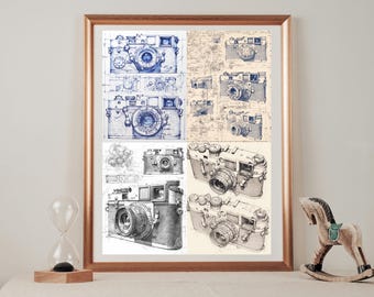 A set of four 1925 Leica I camera Blueprint-style prints