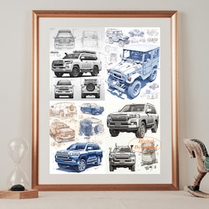 A set of four Land Cruiser Blueprint-style prints