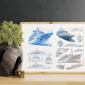 A set of four luxury cruise ship Blueprint style prints