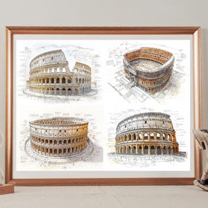 A set of four Colosseum Rome Italy, Blueprint-style design prints