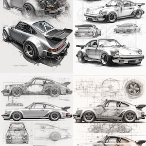 A set of four 1974 Porsche_911 Blueprint style prints