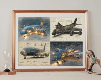 Moderne Airbus A380-blauwdrukprints - muurdecoratieset