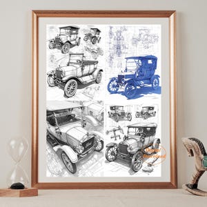 Könnte beinhalten: Ein gerahmter Druck einer Vintage-Auto-Illustration. Der Druck zeigt mehrere Zeichnungen eines klassischen Autos in verschiedenen Winkeln und Perspektiven. Das Auto ist in Schwarzweiß gezeichnet, mit einer Zeichnung in Blau.