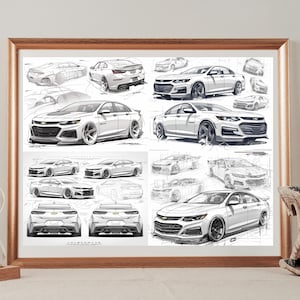 Può includere: Stampa incorniciata con più schizzi di un'auto sportiva bianca. L'opera d'arte include viste frontali, laterali e posteriori, insieme a schizzi di design dettagliati. La stampa è esposta in una cornice dorata, adatta agli appassionati di auto.