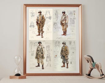 Un conjunto de cuatro carteles artísticos de paracaidistas del ejército estadounidense de la Segunda Guerra Mundial.