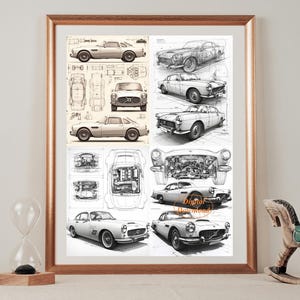 A set of four Volvo P-1800 Blueprint-style prints