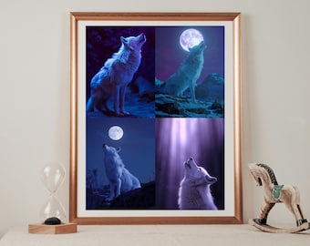 A set of four white Howling wolf prints