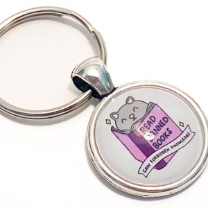Banned Books Key Charm Handmade Silver Key Chain Gray Cat Reading Purple Banned Book Gains Forbidden Knowledge Free Shipping image 1