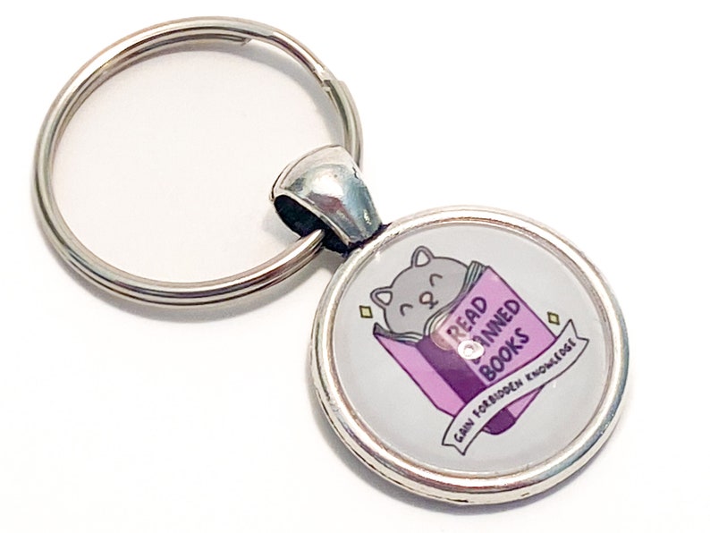 Banned Books Key Charm Handmade Silver Key Chain Gray Cat Reading Purple Banned Book Gains Forbidden Knowledge Free Shipping image 1