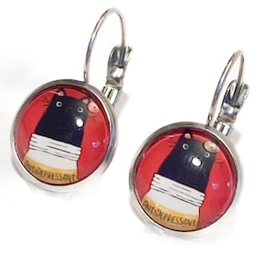 Handmade Glass Earrings - Black Cat Antidepressant Bottle Stainless Steel Leverback Earrings - Free Shipping