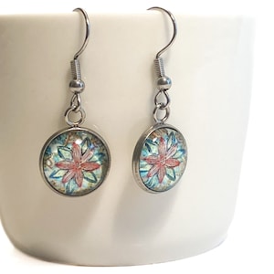 Handmade Glass Earrings - Beachy Bohemian Red and Blue Flower - Hypoallergenic Stainless Steel French Hooks - Free Shipping