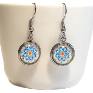 Handmade Glass Earrings - Blue Green and Red Flowers on Pink Background - Stainless Steel French Hook Earrings - Free Shipping