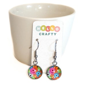 Handmade Glass Earrings - Colorful Candy Swirls - Silver Stainless Steel Dangle - Free Shipping
