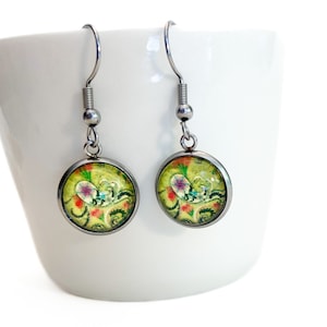 Handmade Glass Dangle Earrings - Yellow Green Paisley - Silver Stainless Steel - Free Shipping