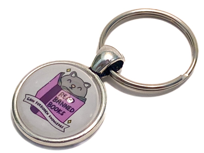 Banned Books Key Charm Handmade Silver Key Chain Gray Cat Reading Purple Banned Book Gains Forbidden Knowledge Free Shipping image 2