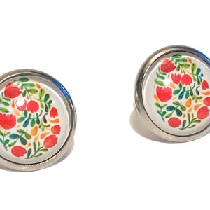 Red Floral Folk Art Stud Earrings, Handmade Hypoallergenic Stainless Steel Posts, Vintage Polish Folk Art, Unique Holiday Gift For Her