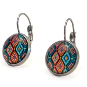 Handmade Glass Earrings - Colorful Morroccan Tile - Hypollergenic Stainless Steel Lever Backs - Free Shipping