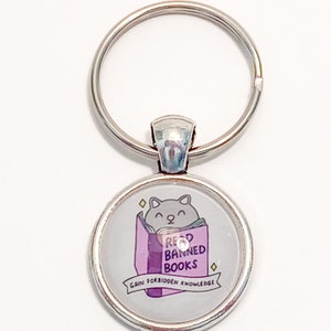 Banned Books Key Charm Handmade Silver Key Chain Gray Cat Reading Purple Banned Book Gains Forbidden Knowledge Free Shipping image 3